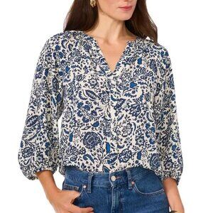 79$ Vince Camuto Printed Button Front Blouse Top Short Sleeves Size S Blue